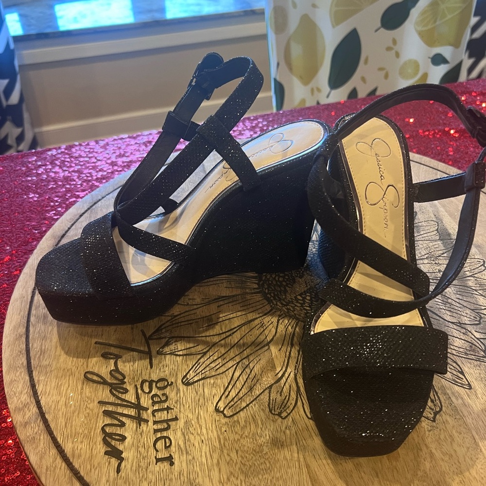 Jesica Simpson black glitter wedges 8 nwot